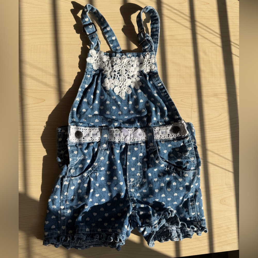 Blue Denim Heart Print short overalls